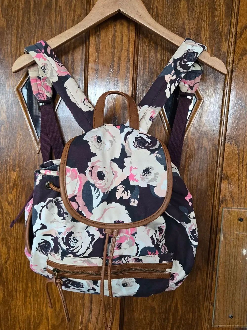 American Eagle Floral Canvas Drawstring Backpack with Pink & Cream Blooms